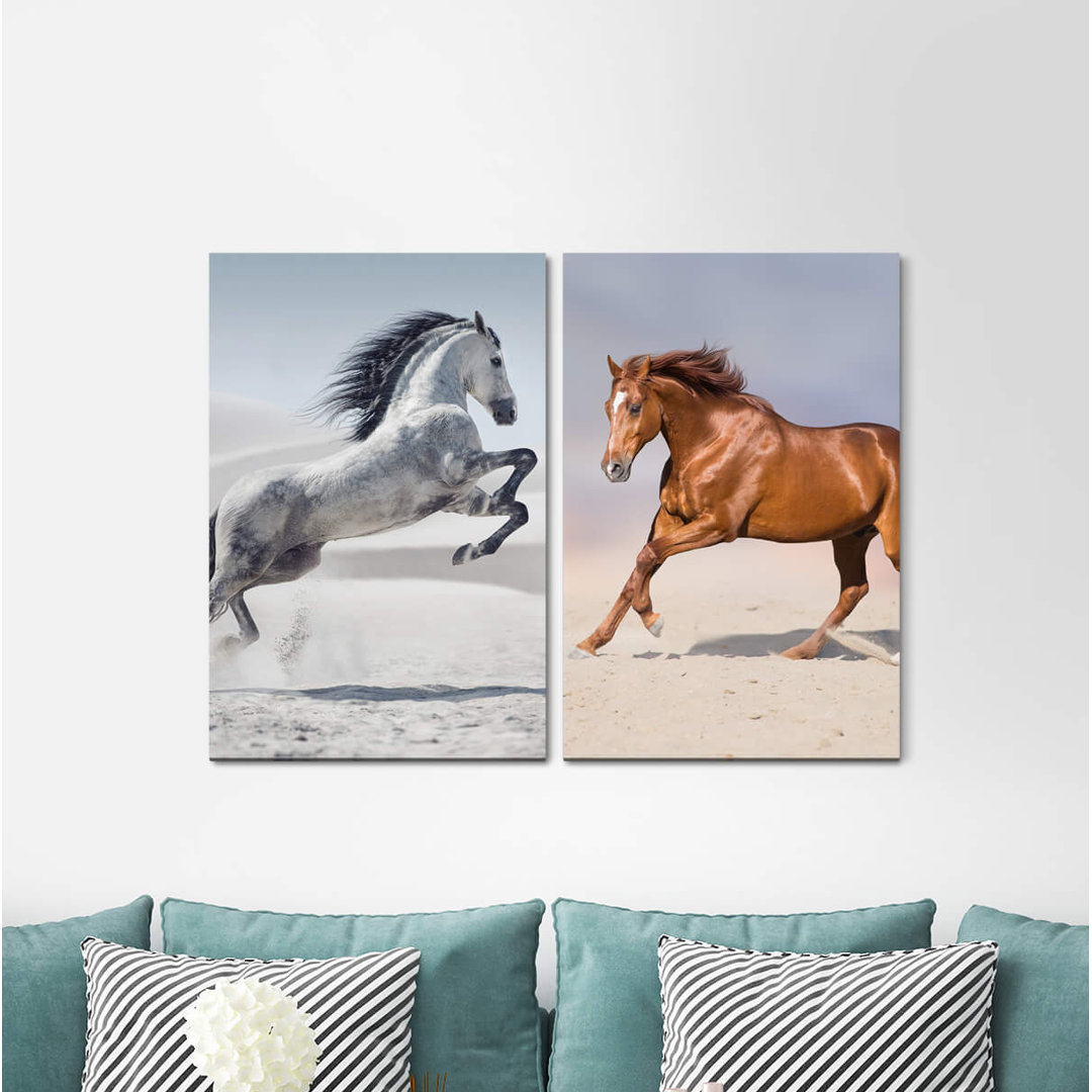 2-tlg. Leinwandbilder-Set - Fotografie „Horses Powerful Riding Elegant White Wild Free”