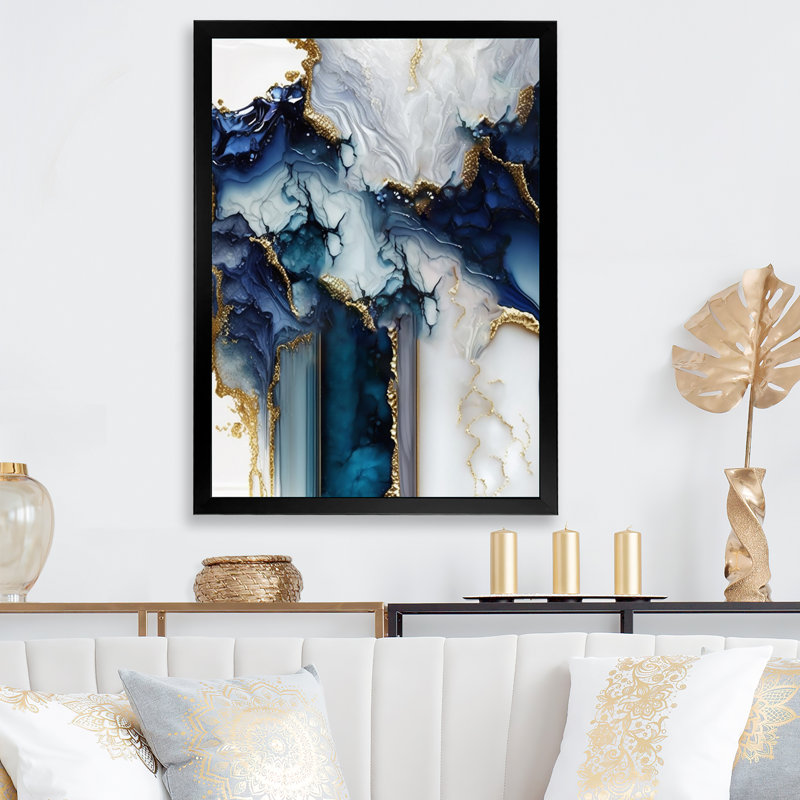 «Abstract Geode White and Blue Marble I», reproduction d'art sur toile encadrée, Impression noire sur toile encadrée