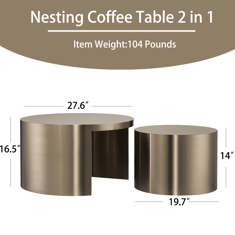 Round Nesting Coffee Table Set - Gold-Brushed Brass Finish & Textured Design for Living Room