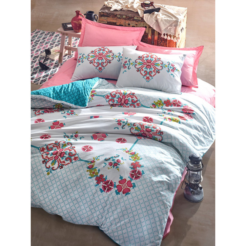 Ensemble de housse de couette 100% coton rose / bleu / vert 3 pièces Gülcehre