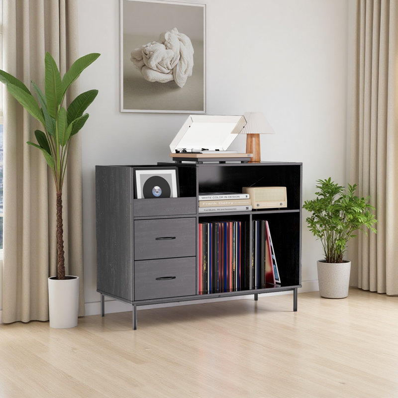 Support pour tourne-disque avec prise de courant et couvercle rabattable, table tournante avec rangement pour plus de 300 vinyles, console média à grain de bois noir avec 2 tiroirs, 27,6 po avec protection contre la poussière, assemblage requis