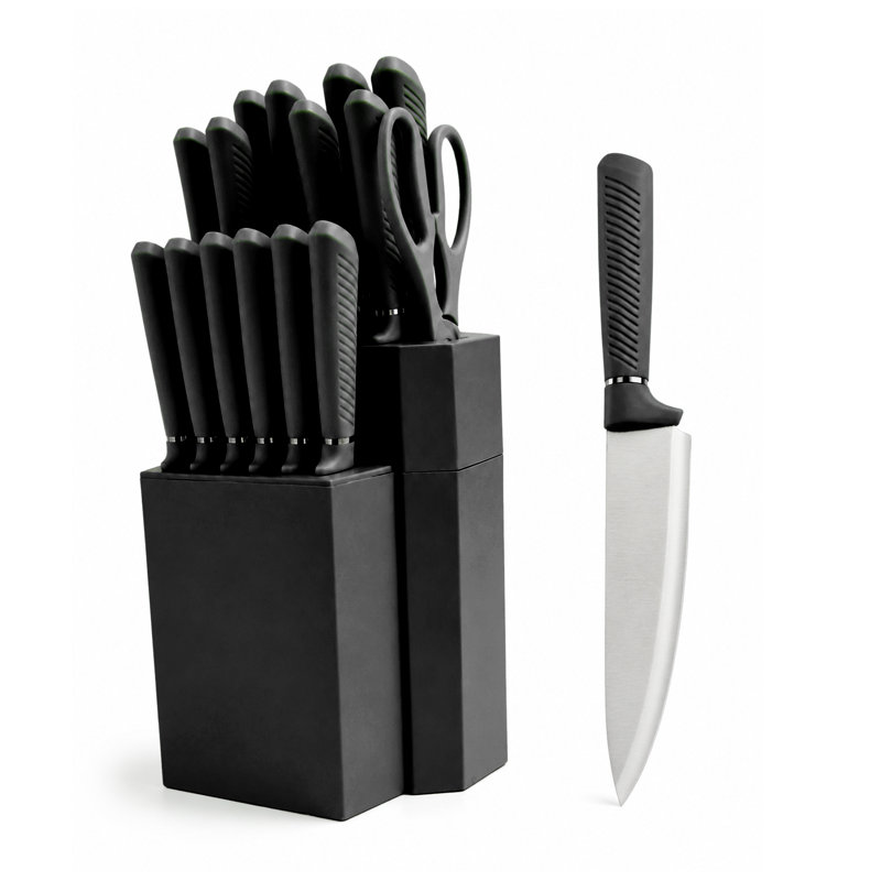 Ensemble de 18 couteaux HEESEM en acier inoxydable avec bloc en plastique, manches ergonomiques et ciseaux de cuisine, noir