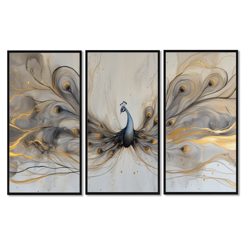 «Gold Peacock in Bloom - Bird», art mural 3 pièces, H 32 po x l 48 po, Cadre flottant noir