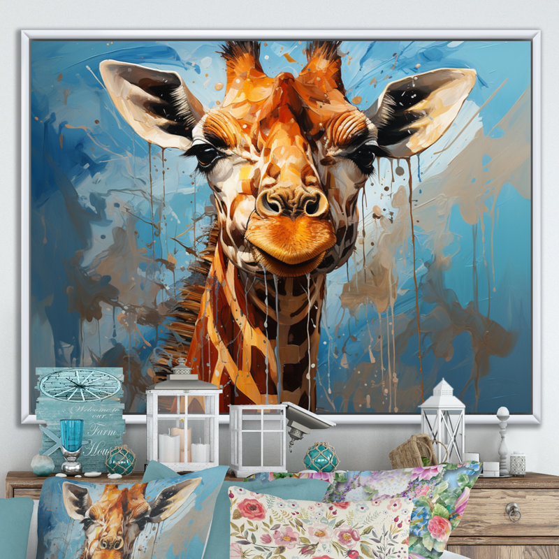 Collage animal girafe cobalt - imprimé, H 12 po x l 20 po x P 1 po, Cadre flottant blanc