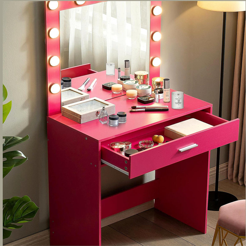 Vanity Desk with Mirror and Lights, Dressing Table with Large Drawer, 1 Level Storage Dresser & 3 Lighting Modes Adjustable Brightness, Suitable for Bedroom(Pink)