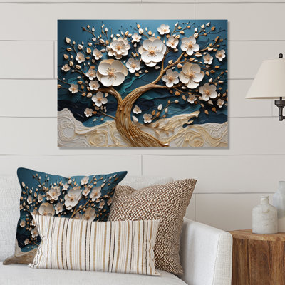 Blue And White Orchid Tree Golden Of Branches I - Tree Metal Wall Art