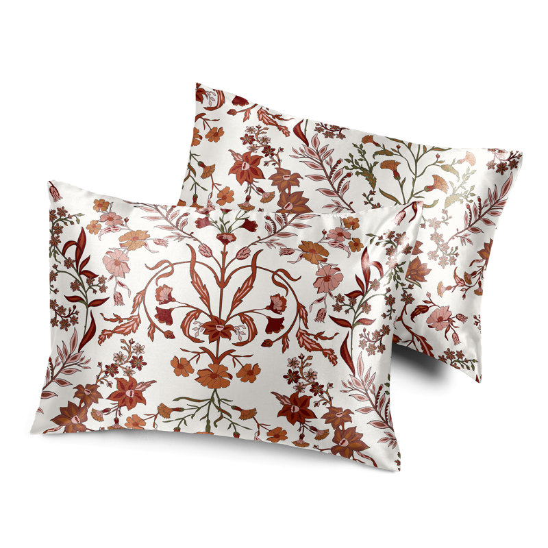 Boho Floral Wildflower Rust Orange and Ivory Decorative Satin Pillowcases - 2 Pack Set by Sweet Jojo Designs