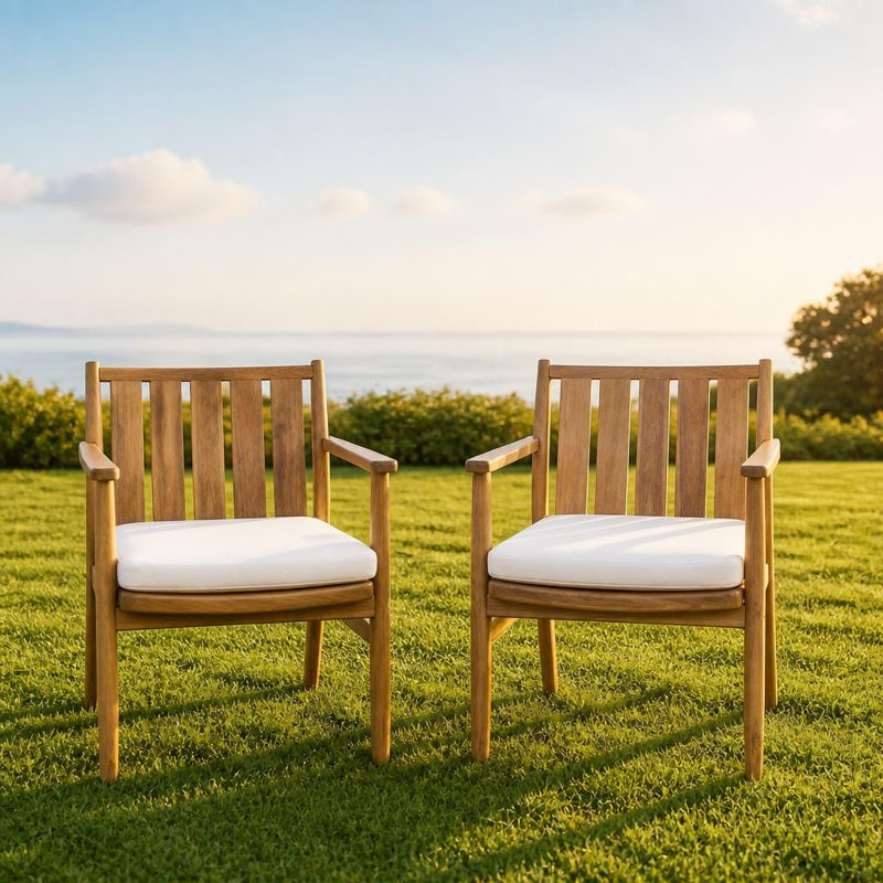 Chaises de salle à manger d'extérieur à accoudoirs en bois d'acacia 2 pièces avec coussins amovibles, siège robuste résistant aux intempéries avec dossier à lattes, capacité de poids de 400 lb