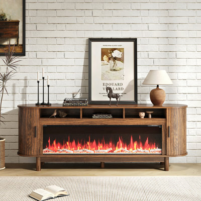 Meuble télé 71 po pour téléviseur de 71 po ou moins, console Mid-Century avec pieds en bois massif, portes coulissantes et design incurvé, console multimédia pour le salon, noir