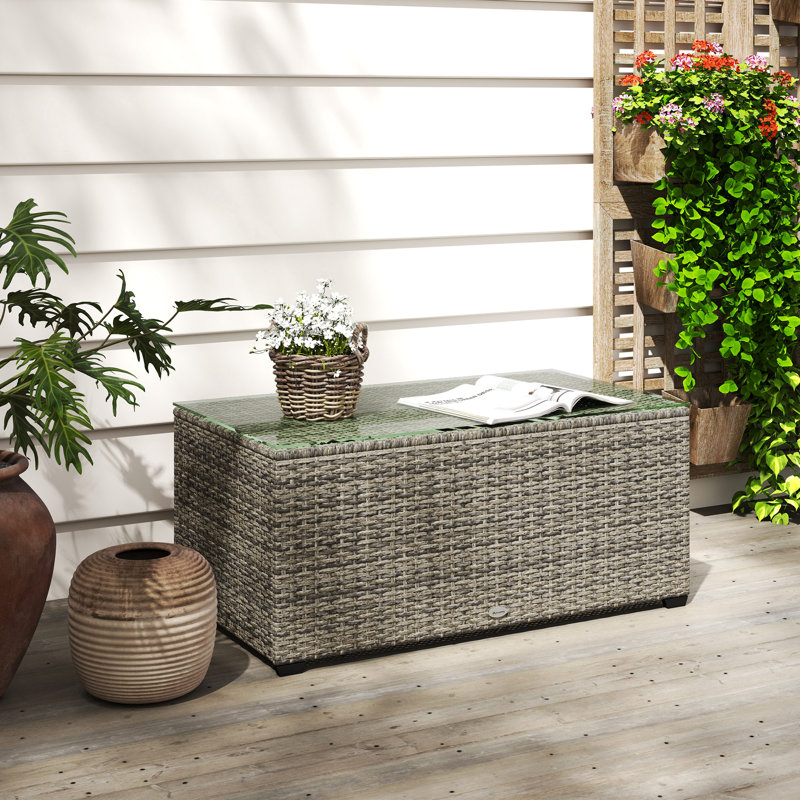 Table basse d'extérieur en osier, table de patio en verre, gris foncé, Gris foncé