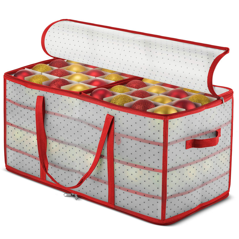 Boîte de rangement pour ornements de Noël - contient 128 ornements avec fermeture à glissière à 2 côtés - contenants de rangement en plastique flexibles pour ornements de Noël - compartiments cubes de 3 pouces - rouge