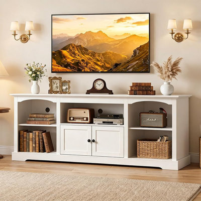 71" TV Stand For Tvs Up To 80 Inch,Modern Farmhouse Entertainment Center With Arched Cabinet Doors & Open Adjustable Storage Shelves,Media Console Table For Living Room,White