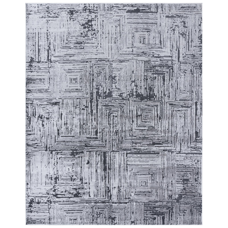Tapis en polypropylène / polyester abstrait tissé à la machine en gris / gris foncé, Rectangle 8 pi x 10 pi