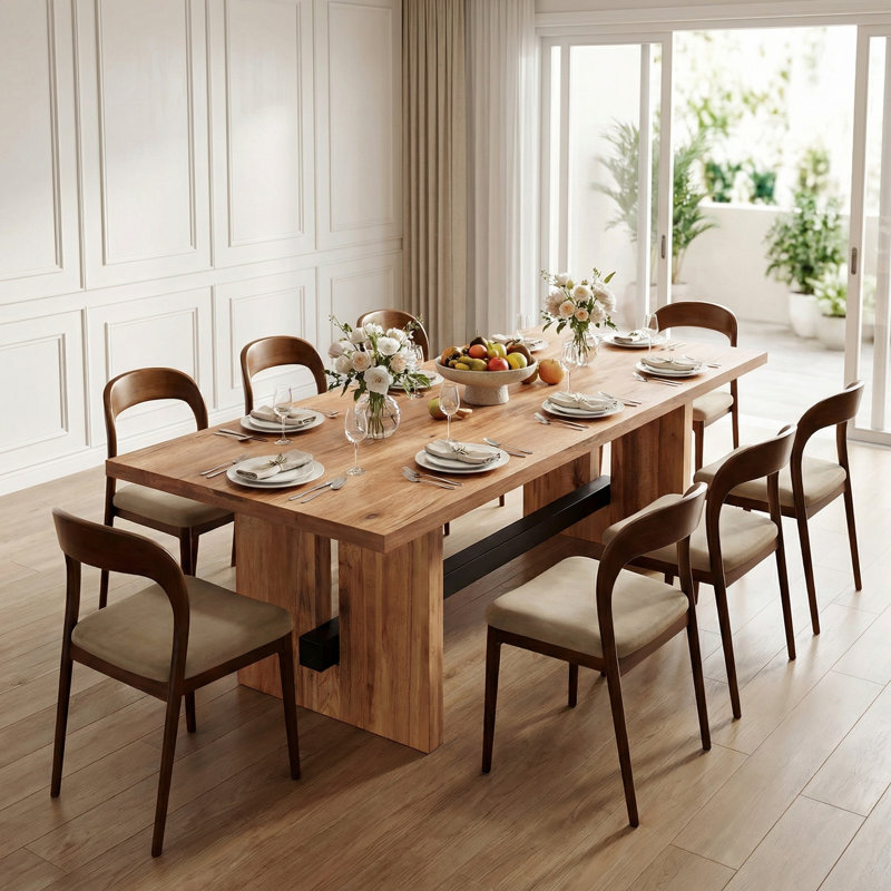 Large Rectangular Solid Wood Dining Table Set with 8 Chairs, 29.53" H x 86.61" W x 35.43" D