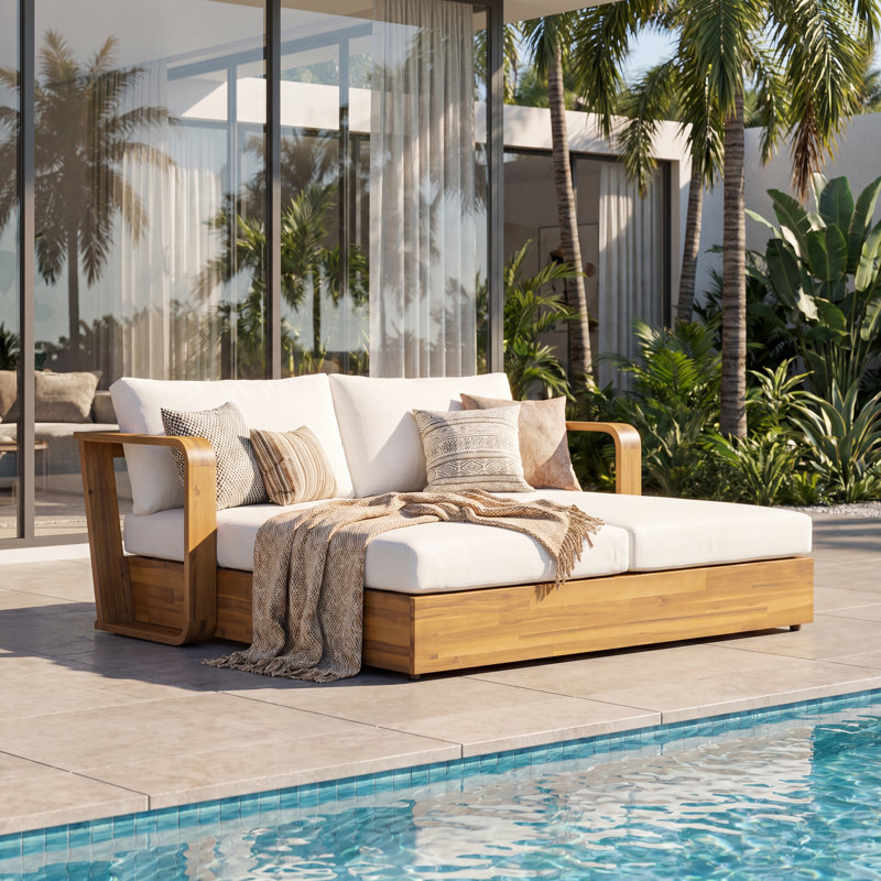 Canapé-lit de jardin inclinable avec coussins et oreillers de dossier couleur crème, capacité de 363 kg, en teck et crème