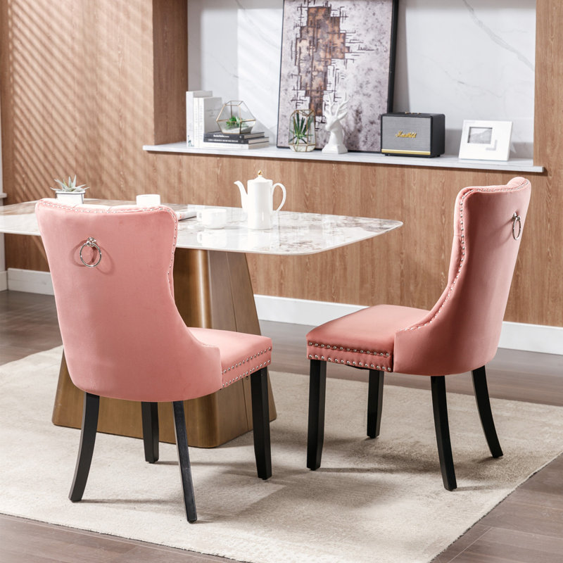 PU & Velvet Upholstered Dining Chairs with Wood Legs, Black, 2, Pink