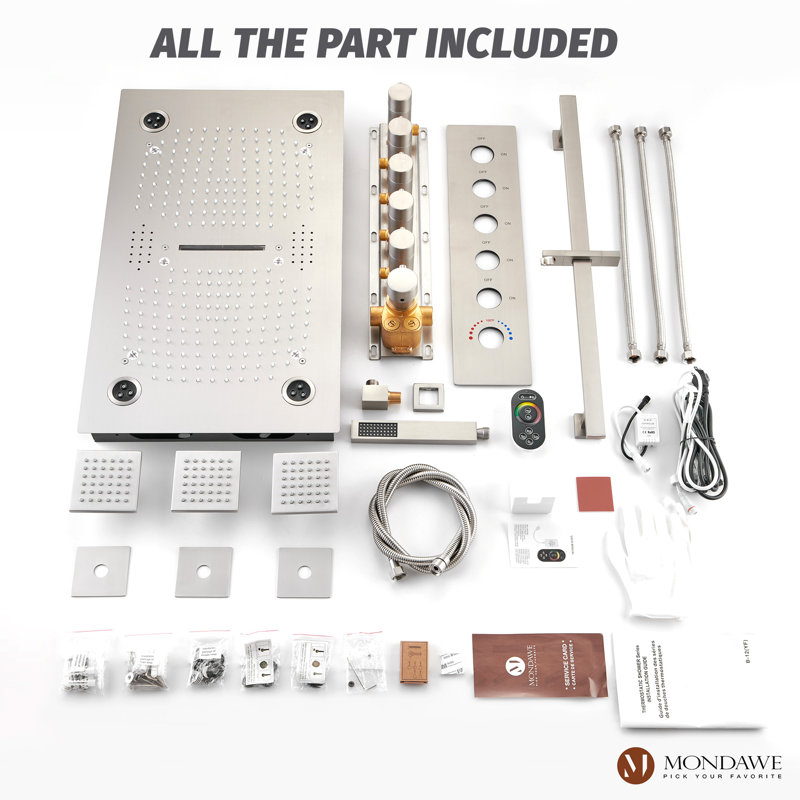 Brushed Nickel LED Ceiling Mounted Dual Shower System with Bluetooth Speaker