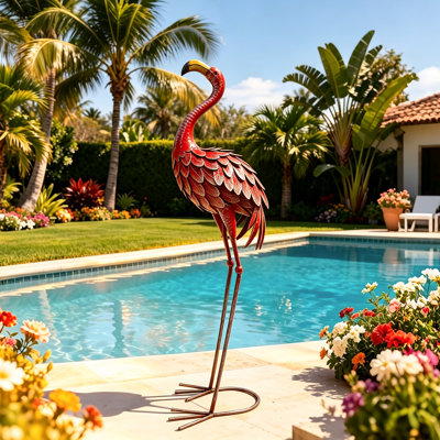 Statue de jardin flamant rose, décor extérieur, sculpture en métal