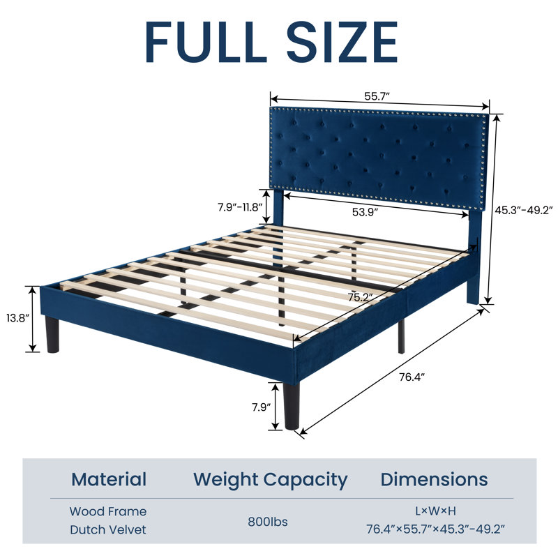 Aleiny Velvet Bed with Adjustable Upholstered Headboard, Full, Blue