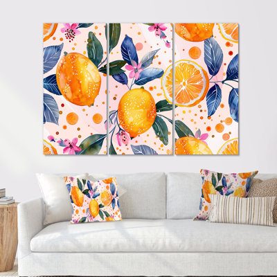 Yellow Pink Floral Orange Trees II - Fruits Wall Art Living Room Set
