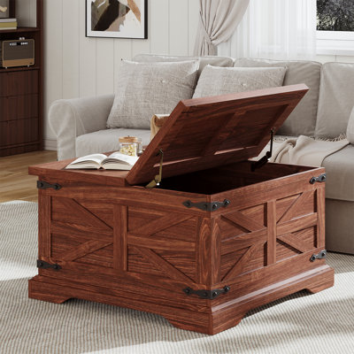 Farmhouse Coffee Table with Large Hidden Storage, Square Wood Living Room Tables, Multi-Function Lift Wooden Barn Door Center Table