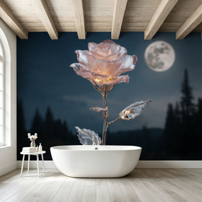 Papier peint adhésif pelez et collez, rose transparent sous le clair de lune, pétales étincelants, tige argentée, auto-adhésif et amovible