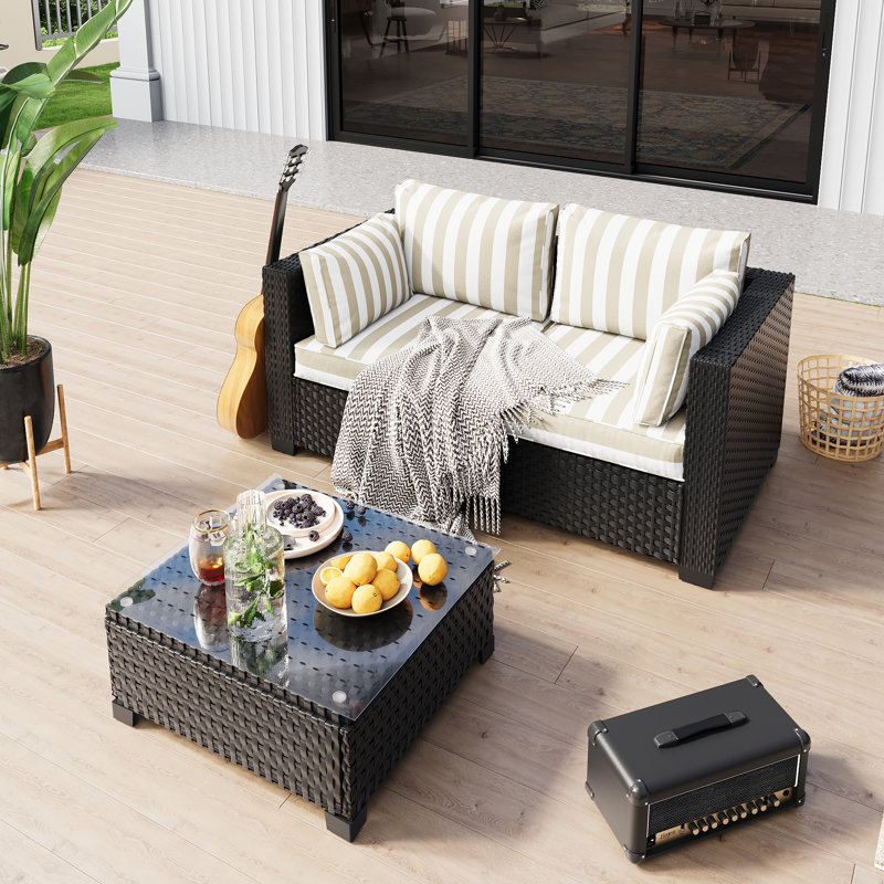 Pre-Assembled Chairs, 2-Person Patio Furniture Set Outdoor Wicker Sectional Conversation Seating Group With Waterproof Furniture Cover