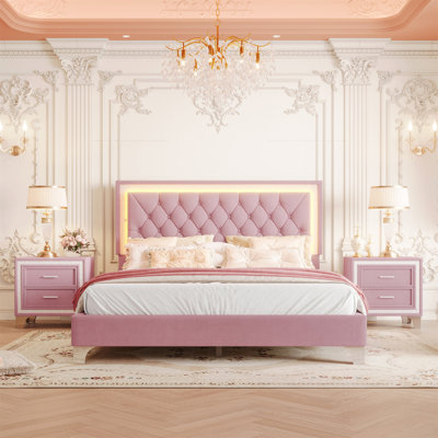 3-Pieces Bedroom Sets,Queen Size Upholstered Platform Bed With LED Lights And Two Nightstands