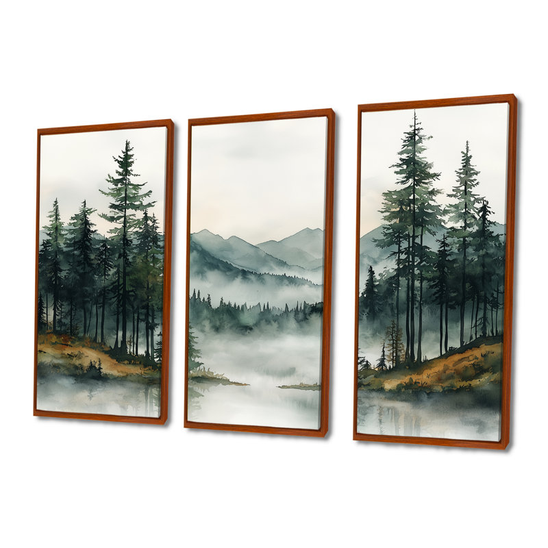 «Green Pine Trees Mist Morning I», ensemble d'art mural pin, Toile avec cadre flottant brun, H 40 po x l 60 po x P 1 po