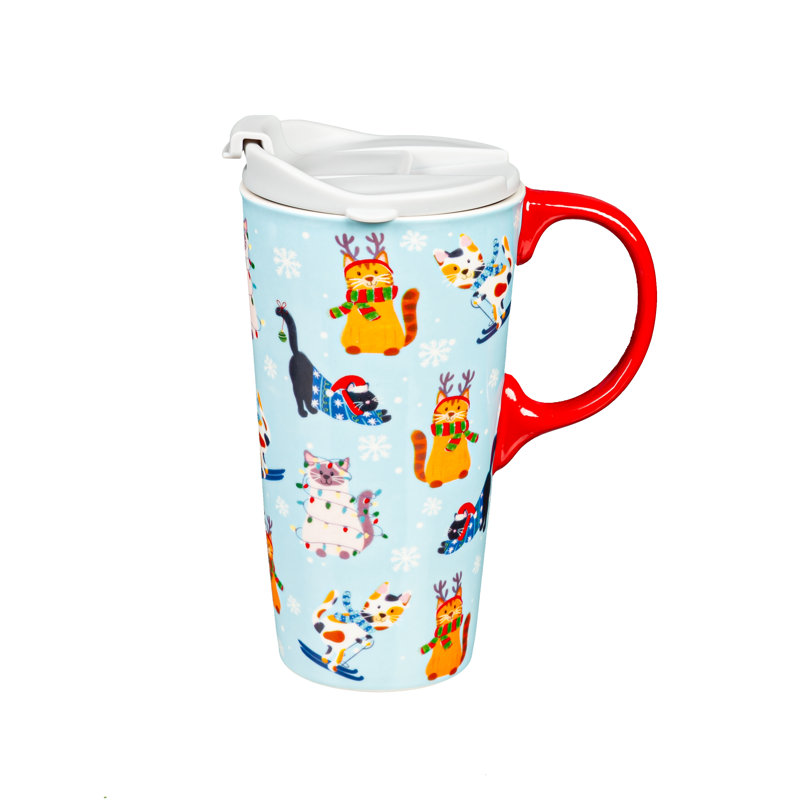 Tasse de voyage en céramique, 17 oz. , Avec boîte, Meowy Christmas et Happy Howlidays