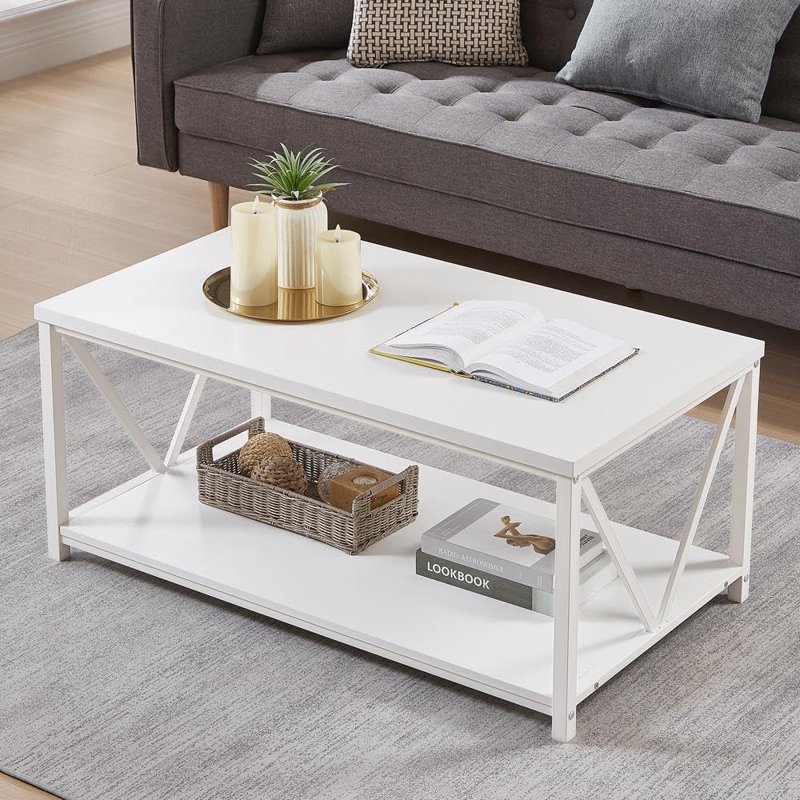 White Oak Rustic Coffee Table with Storage Shelf