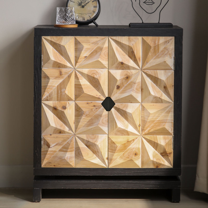  Armoire sculptée à double porte géométrique 3D, buffet de rangement moderne noir et bois naturel