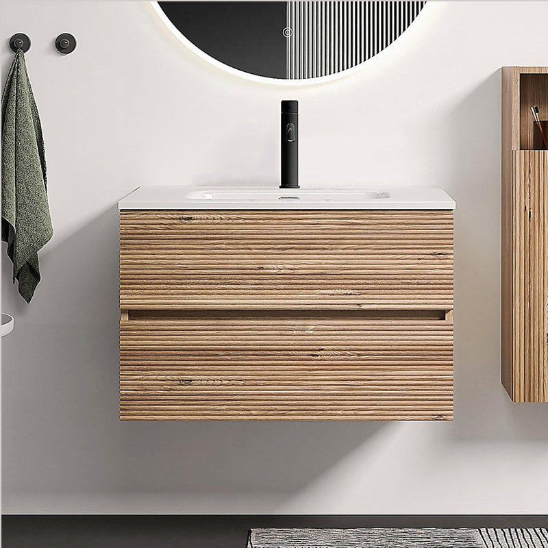 Meuble-lavabo mural en chêne brut et chêne brut de 30 po avec évier intégré en céramique avec trop-plein Gloria, Chêne
