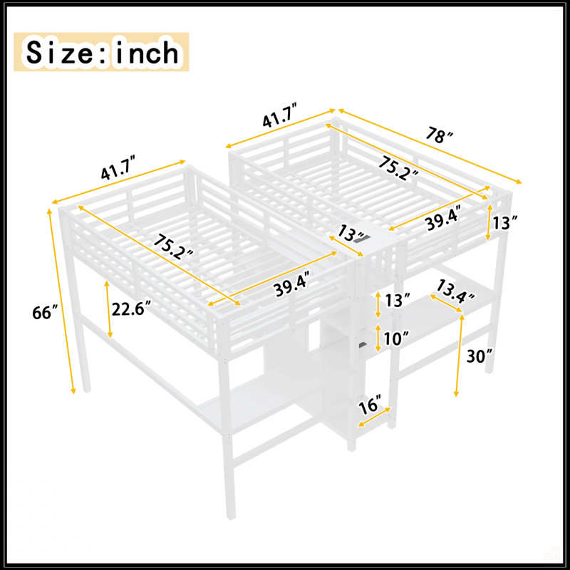 Lit mezzanine simple au-dessus d'un lit simple en métal avec bureau double, armoire, tablettes et prises électriques pour économiser de l'espace et réduire le bruit