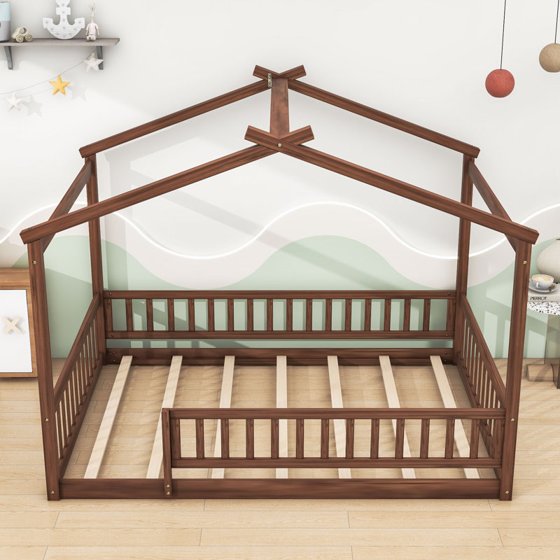 Structure de lit en bois avec clôture et lattes Dorset, Double, Noyer