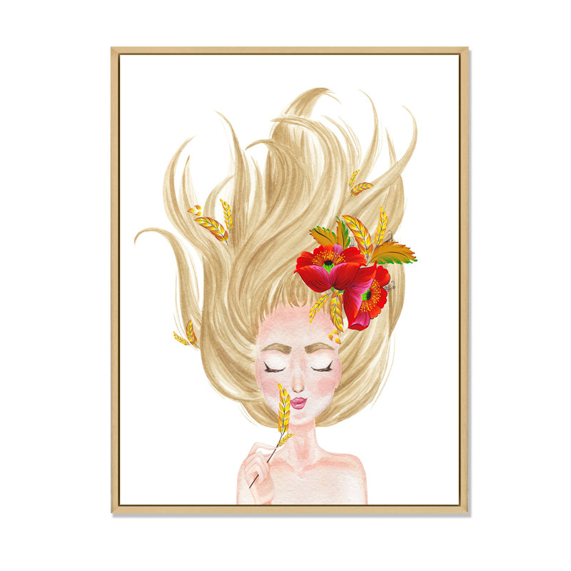 Mignon cheveux blonds - œuvre d'art pour enfants, H 32 po x l 16 po x P 1 po, Cadre flottant brun