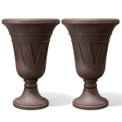 2-Pack Brown Classic Trophy Pedestal Planters, 23.6" H Weather-Resistant HDPE Outdoor Urn Pots with Stable Solid Base
