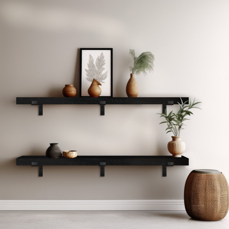 Emerald Lee 2 Piece Poplar Solid Wood Bracket Shelf, 2" H x 66" W x 10" D, Black