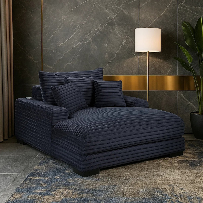 Chaise longue Terra, porte-gobelet et ports USB, tissu en velours côtelé noir, Noir
