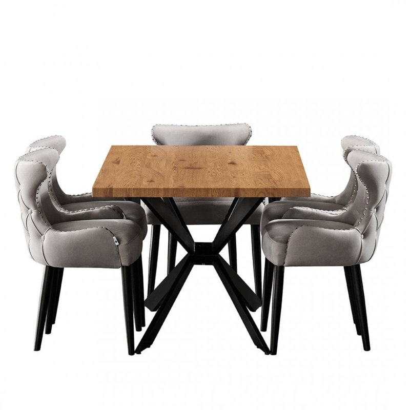 Ricky 6 Person Dining set - a Rectangular Wooden Dining Table with Metal Legs and a Set of 6 Quilted Velvet Dining Chairs for Dining Room - Modern Dining Table Set