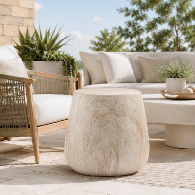 Drum-Shaped Faux Travertine Accent Table