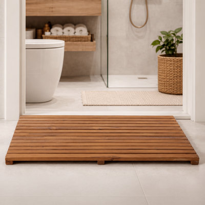 Tapis de bain en teck massif, tapis de douche en bois de teck indonésien certifié FSC avec drainage à lattes et coussinets antidérapants, imperméable pour la piscine spa de douche