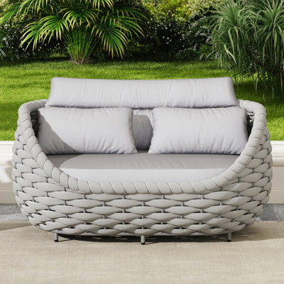 Outdoor Patio Hand-Woven Rope Powder-Coated Aluminum Loveseat Sofa With Cushions