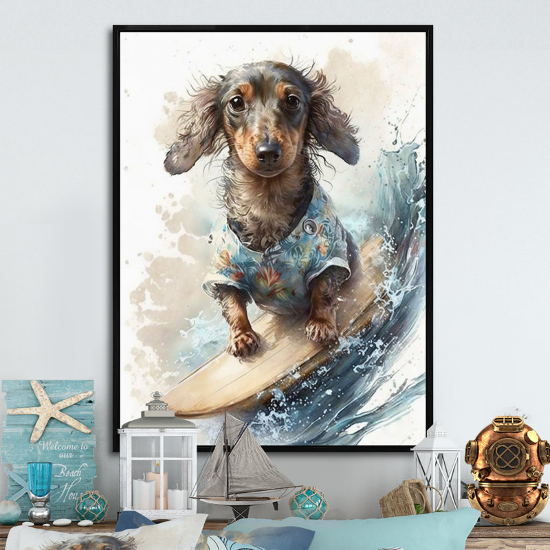 «Dog Surfing I», impression sur toile, H 32 po x l 24 po x P 1 po, Toile avec cadre flottant noir