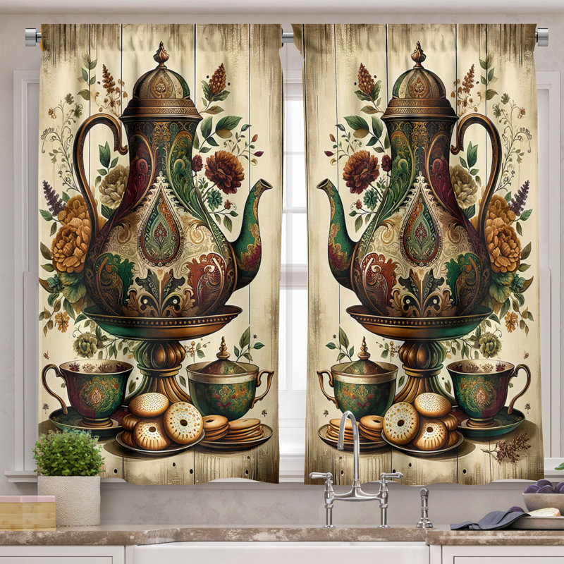 Vintage Teapot and Floral Print Kitchen Curtain Set