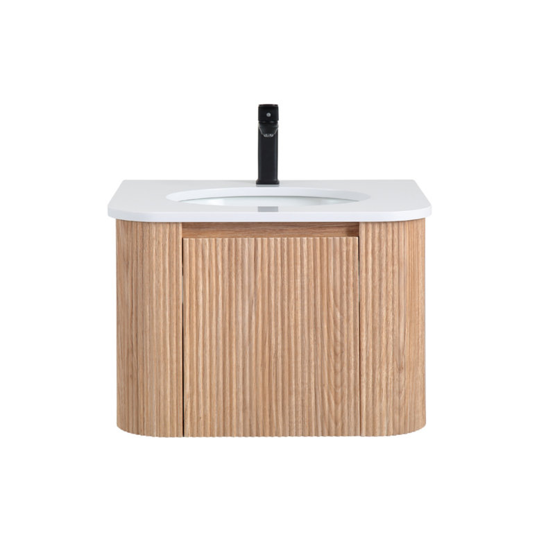 Meuble-lavabo mural flottant moderne 24 po avec lavabo, conception courbée, pré-assemblé, tiroirs à fermeture en douceur, bois naturel