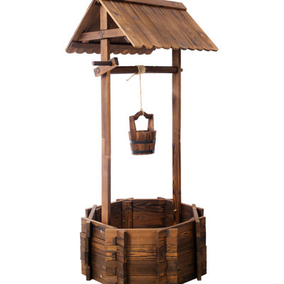 Outdoor Rustic Wooden Well Planter With Hanging Bucket And Shade Strength, 53 High X 25 Wide Long Wood Wishing For Ornament Charm, 25X25x53