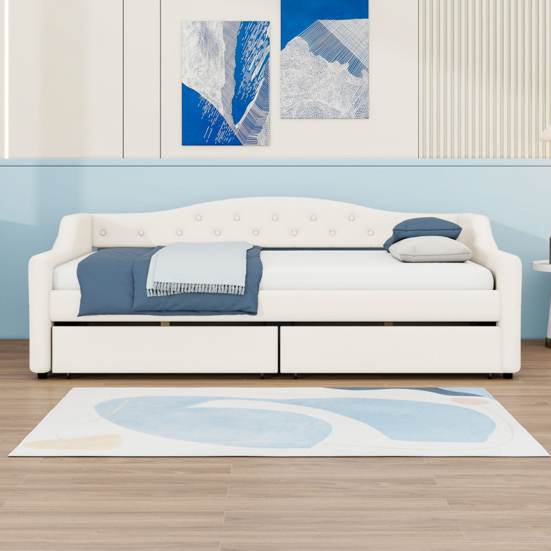 Twin XL Upholstered Daybed with LED Lights, Storage Drawers and Slats, Beige
