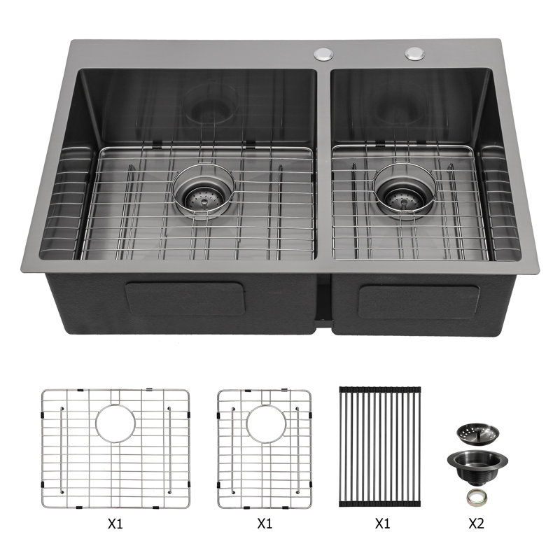 Évier de cuisine à double cuve à montage sur plan - Évier de cuisine à double cuve en acier inoxydable noir de calibre 16 avec deux cuves profondes de 33 po x 22 po x 10 po
