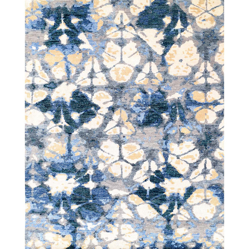Tapis bleu et bleu foncé de haute qualité noué à la main, Rectangle 8 pi x 10 pi